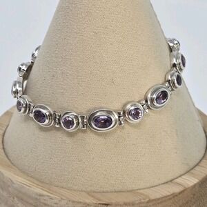 Boma Sterling Silver 925 Round & Oval Amethyst Hinged Link Bracelet ~7" 13.7g